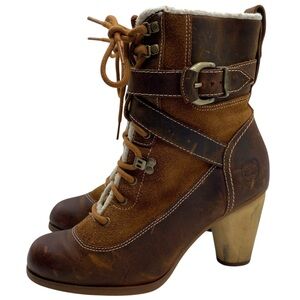 Timberland Earthkeepers Nevali Hikers Heeled Boots 6.5 Brown Leather Lace Up Y2K